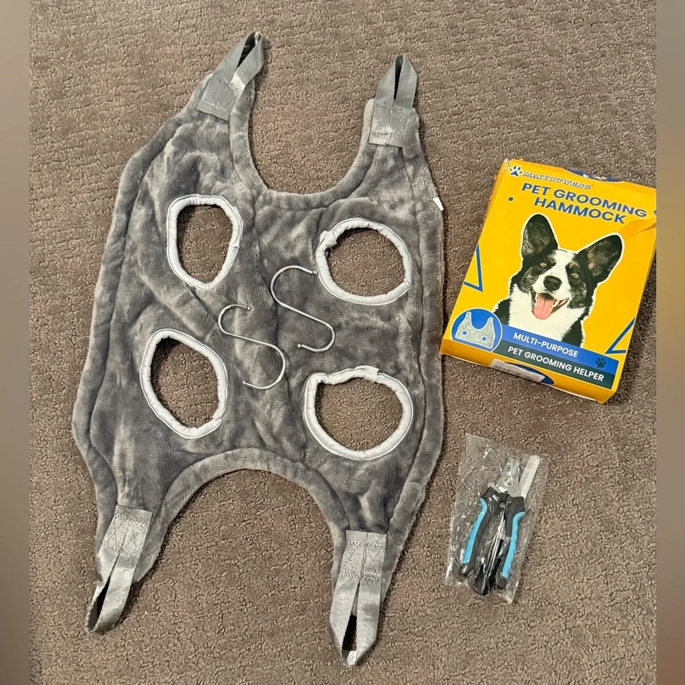 Gray Pet Grooming Hammock Set with Clippers